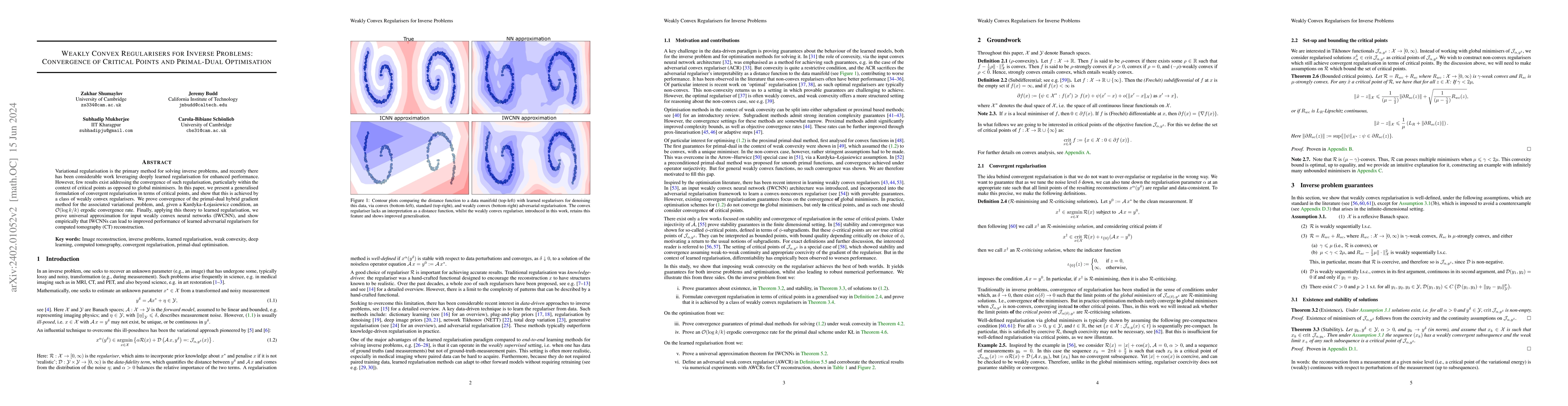 Thumbnail for Weakly Convex Regularisers for Inverse Problems: Convergence of Critical
  Points and Primal-Dual Optimisation