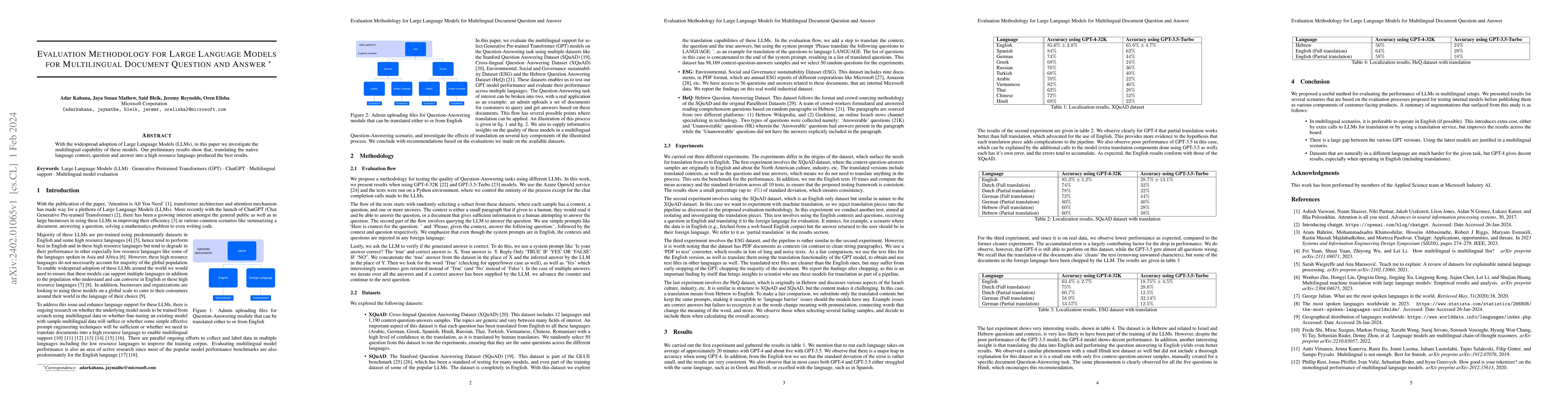 Thumbnail for Evaluation Methodology for Large Language Models for Multilingual
  Document Question and Answer