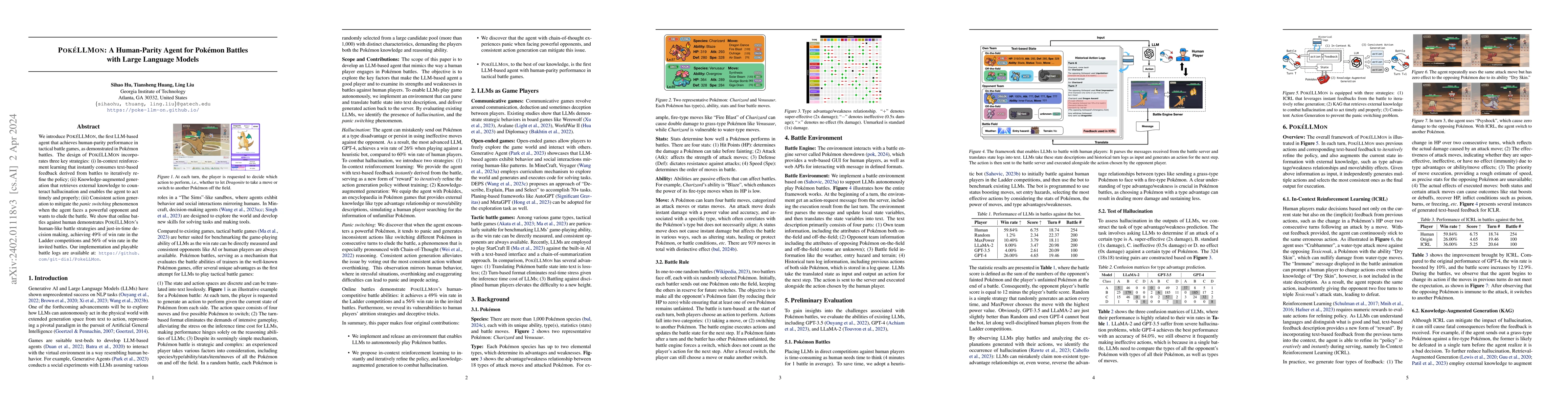 Thumbnail for PokeLLMon: A Human-Parity Agent for Pokemon Battles with Large Language
  Models