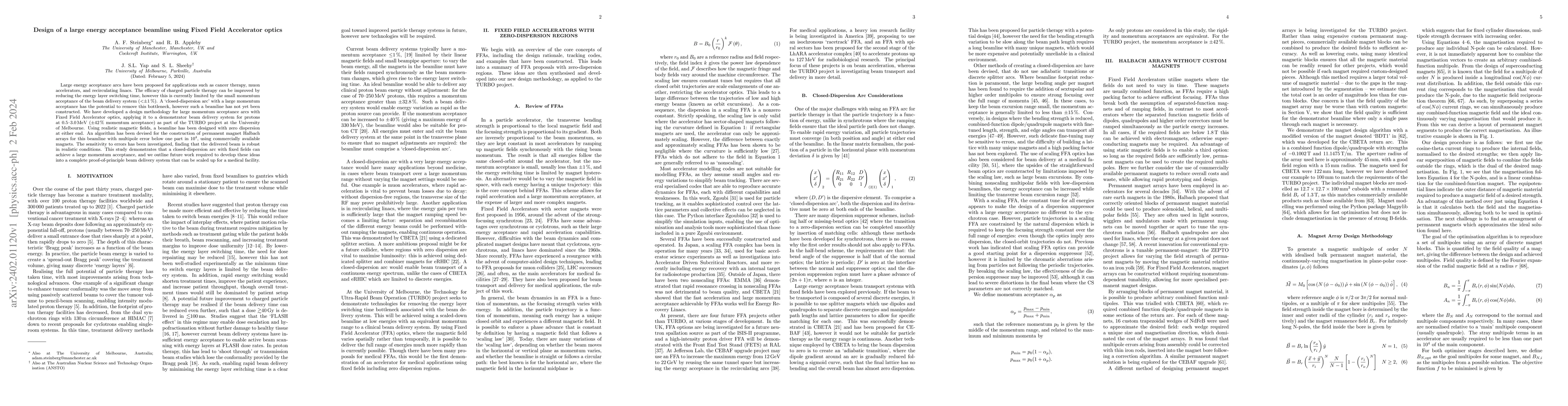 Thumbnail for Design of a large energy acceptance beamline using Fixed Field
  Accelerator optics