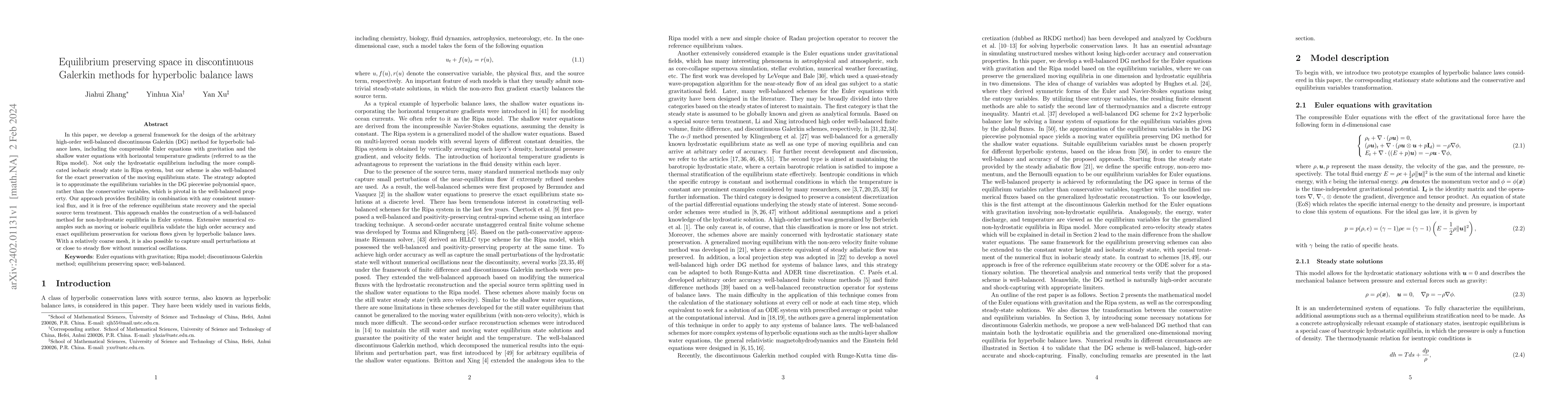 Thumbnail for Equilibrium preserving space in discontinuous Galerkin methods for
  hyperbolic balance laws