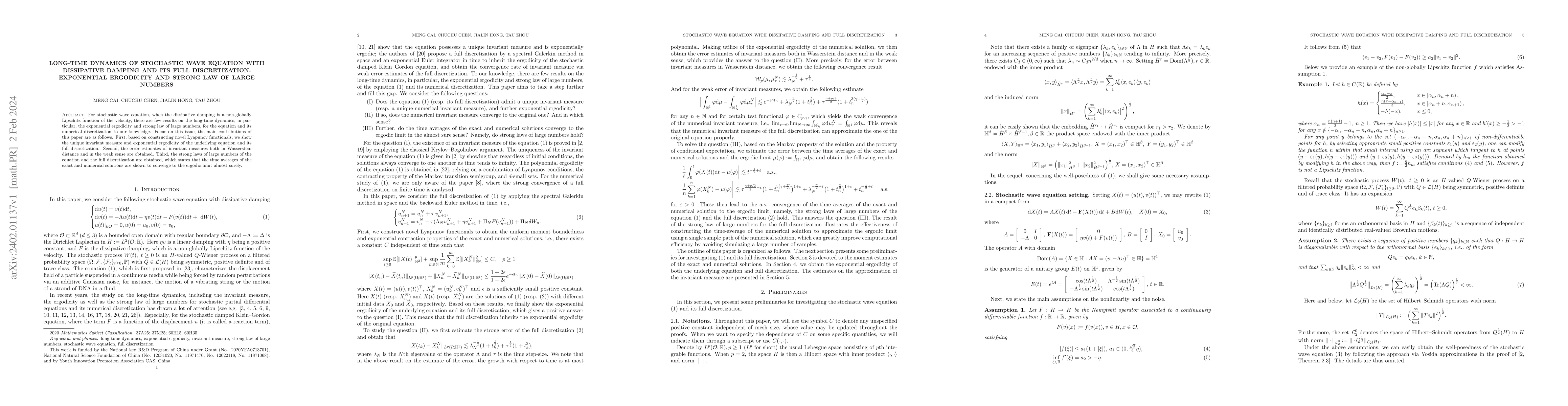 Thumbnail for Long-time dynamics of stochastic wave equation with dissipative damping
  and its full discretization: exponential ergodicity and strong law of large
  numbers