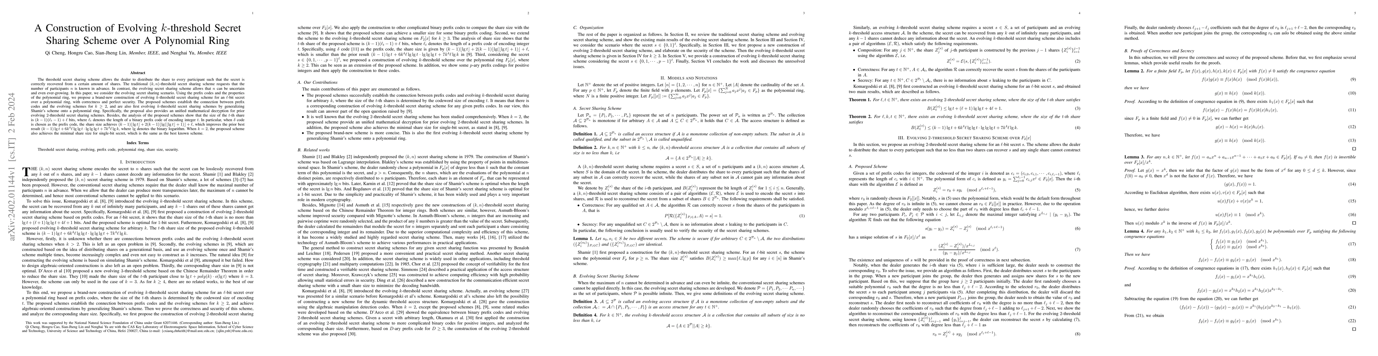Thumbnail for A Construction of Evolving $k$-threshold Secret Sharing Scheme over A
  Polynomial Ring
