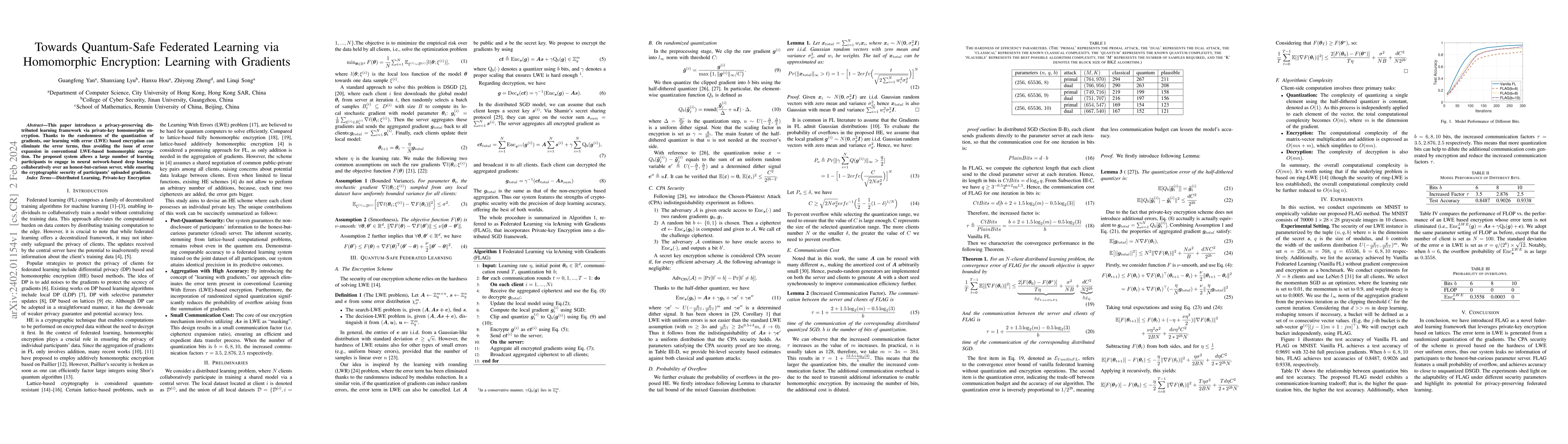 Thumbnail for Towards Quantum-Safe Federated Learning via Homomorphic Encryption:
  Learning with Gradients