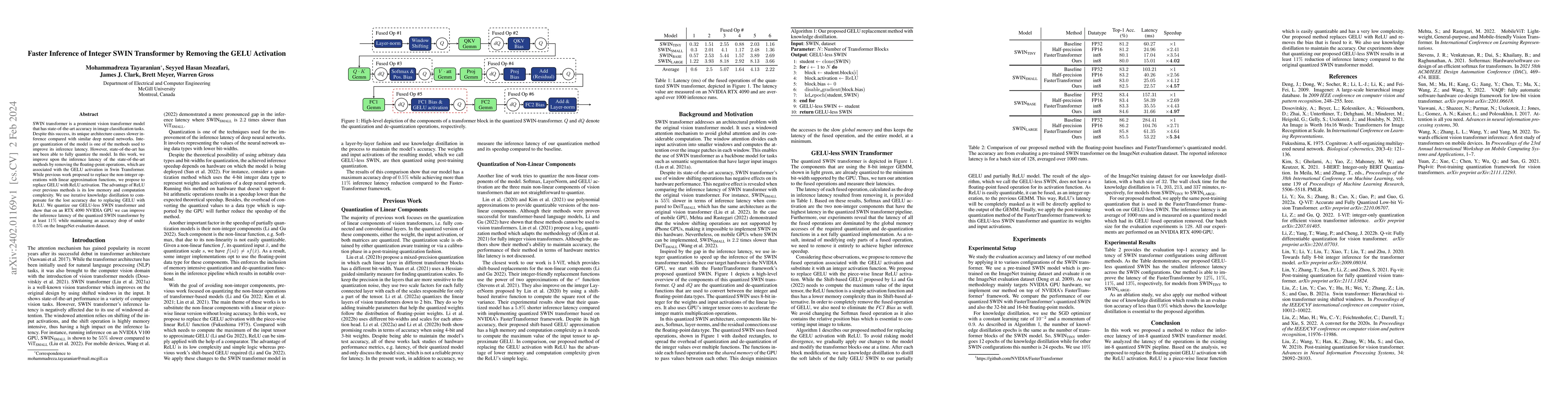 Thumbnail for Faster Inference of Integer SWIN Transformer by Removing the GELU
  Activation