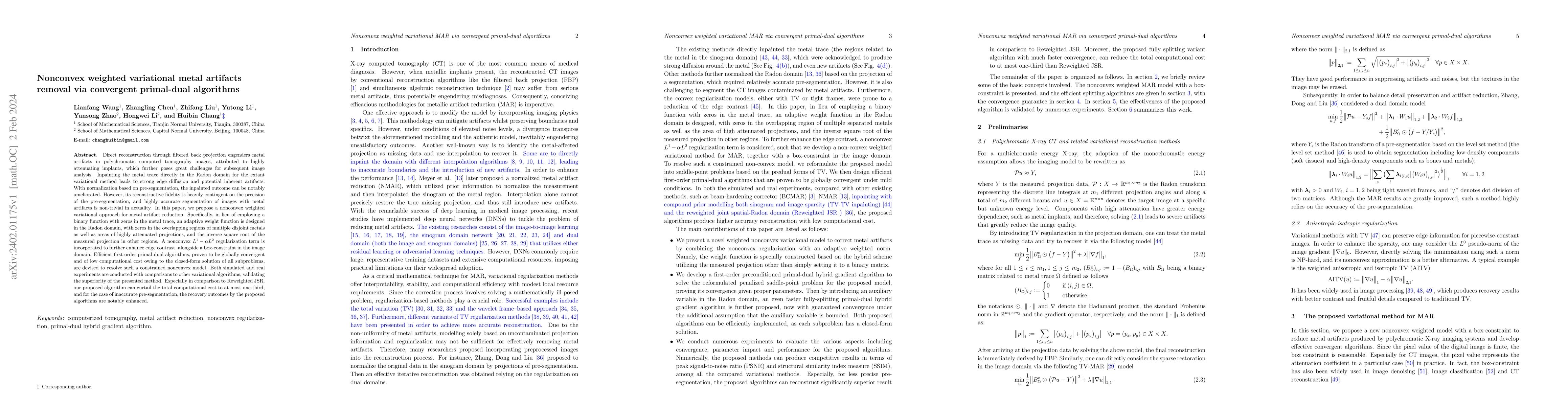 Thumbnail for Nonconvex weighted variational metal artifacts removal via convergent
  primal-dual algorithms