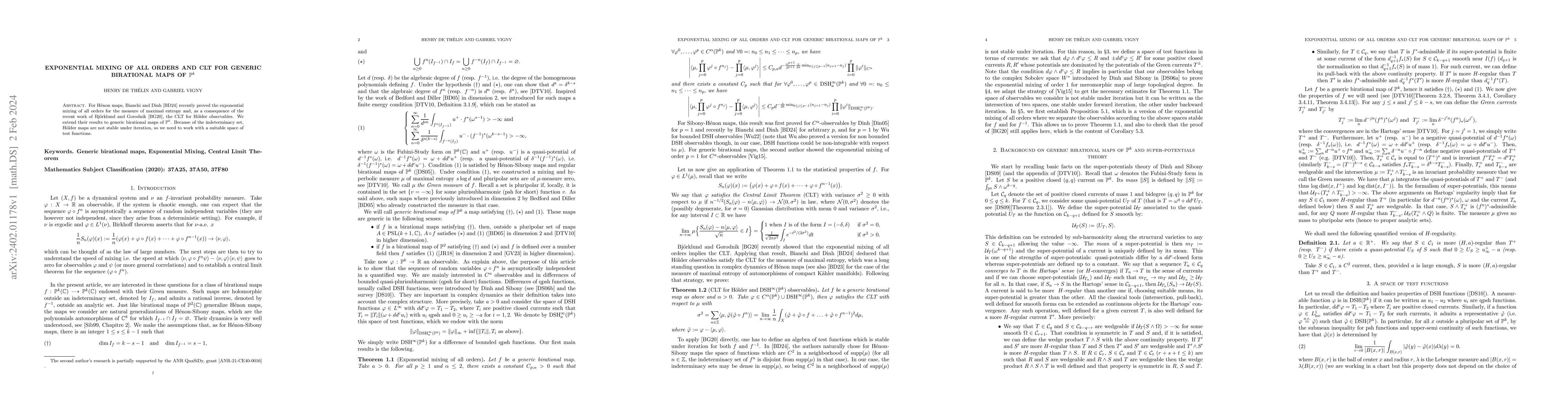 Thumbnail for Exponential mixing of all orders and CLT for generic birational maps of
  $\mathbb{P}^k$