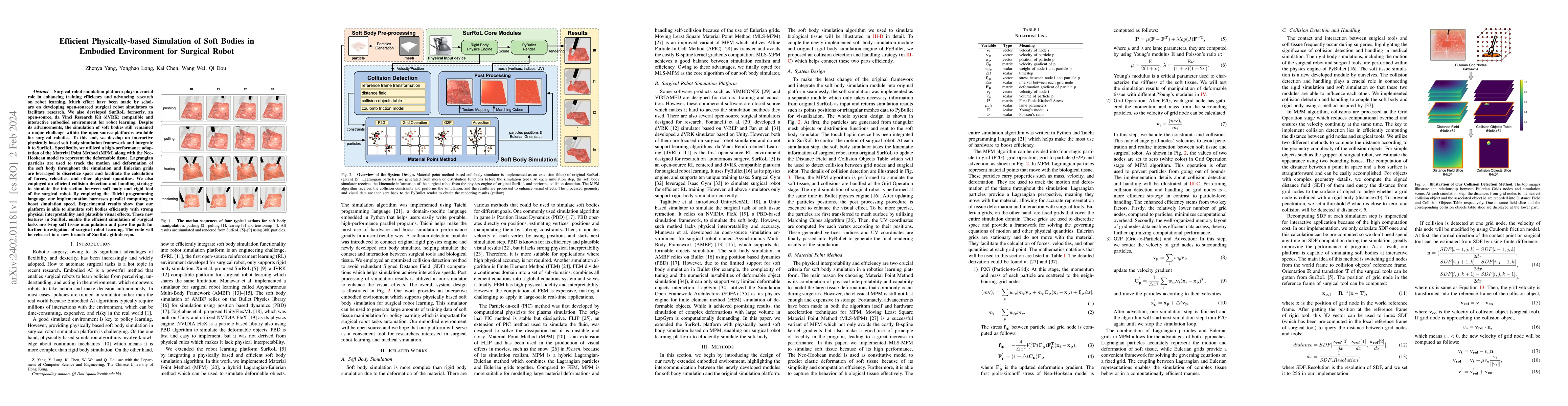 Thumbnail for Efficient Physically-based Simulation of Soft Bodies in Embodied
  Environment for Surgical Robot
