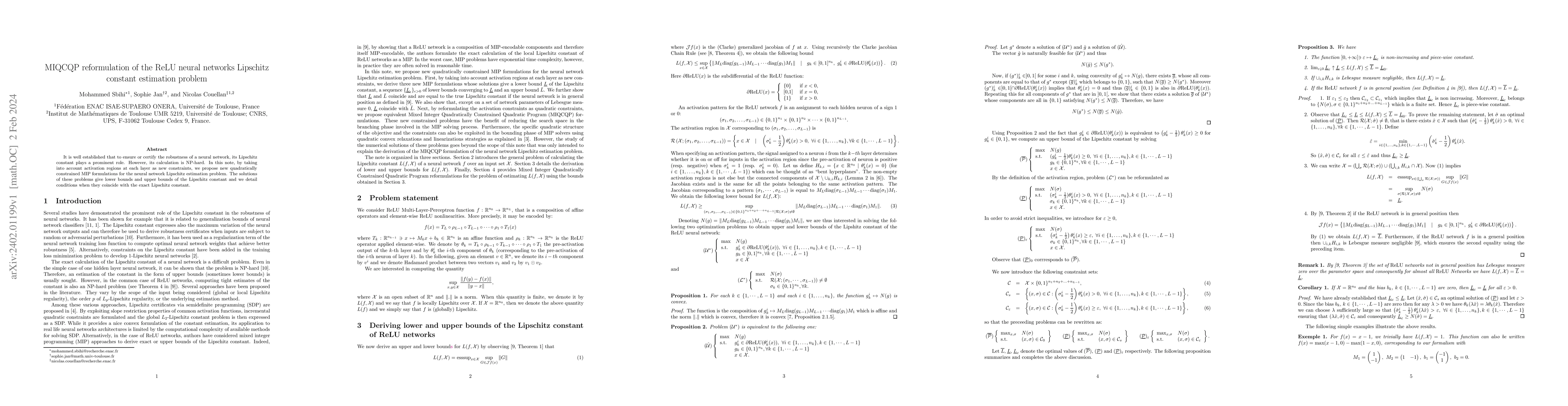 Thumbnail for MIQCQP reformulation of the ReLU neural networks Lipschitz constant
  estimation problem