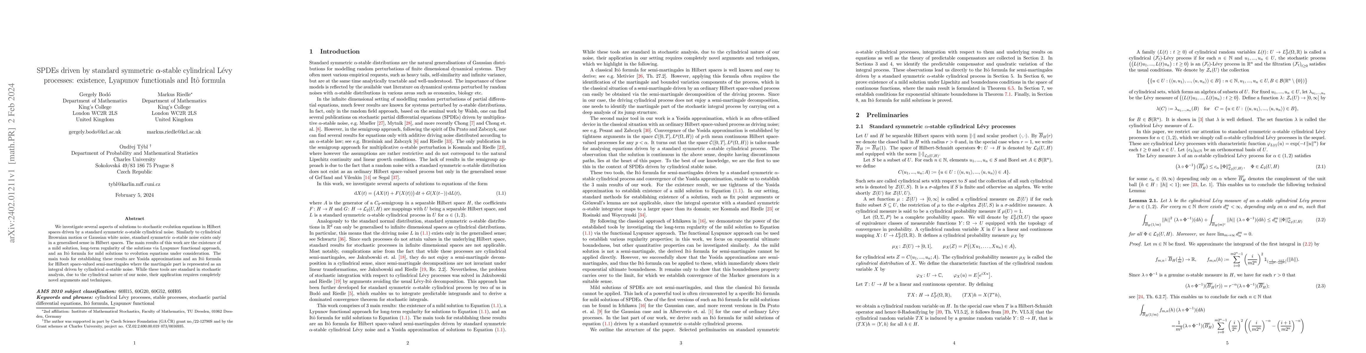 Thumbnail for SPDEs driven by standard symmetric $\alpha$-stable cylindrical L\'evy
  processes: existence, Lyapunov functionals and It\^{o} formula