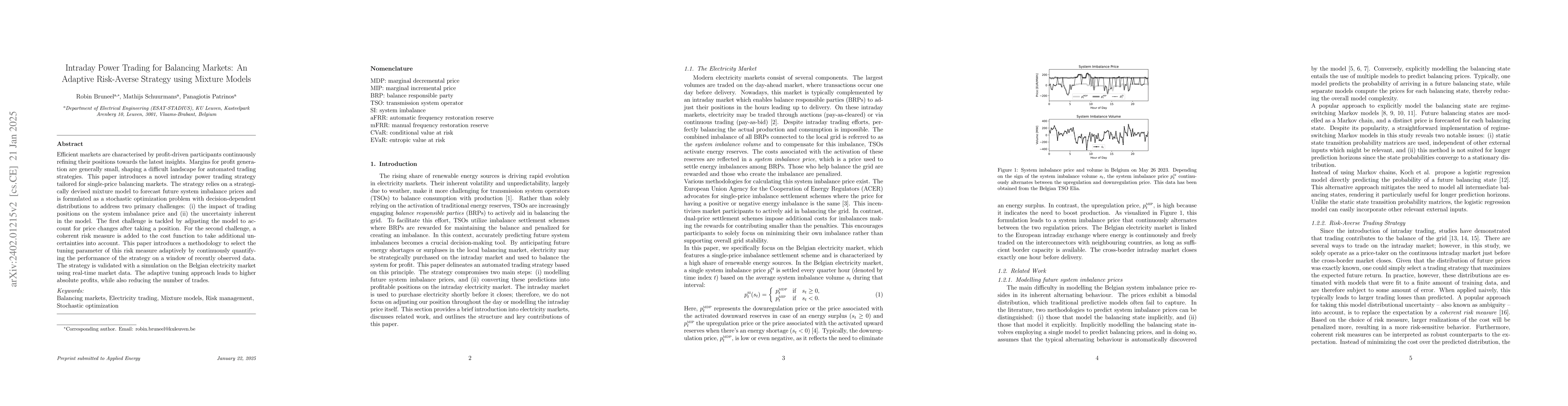 Thumbnail for Intraday Power Trading for Imbalance Markets: An Adaptive Risk-Averse
  Strategy using Mixture Models