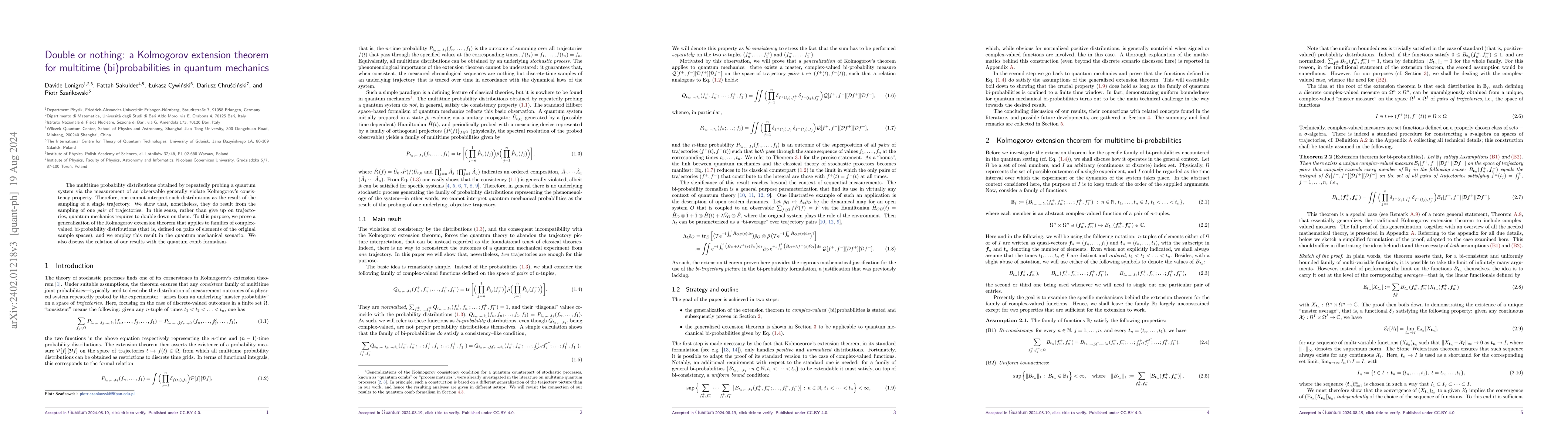 Thumbnail for Double or nothing: a Kolmogorov extension theorem for multitime
  (bi)probabilities in quantum mechanics