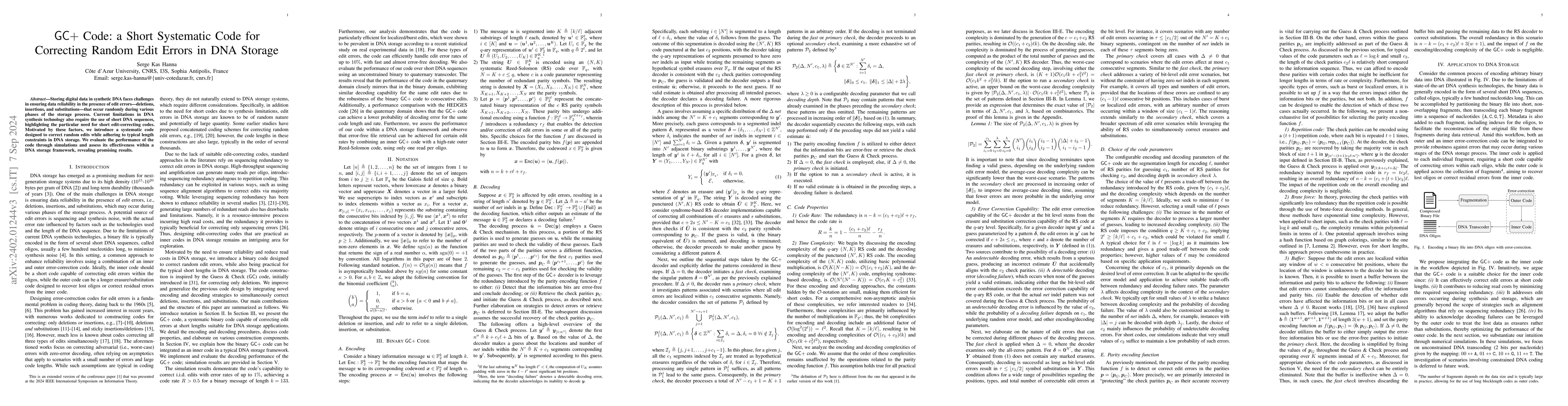 Thumbnail for Short Systematic Codes for Correcting Random Edit Errors in DNA Storage