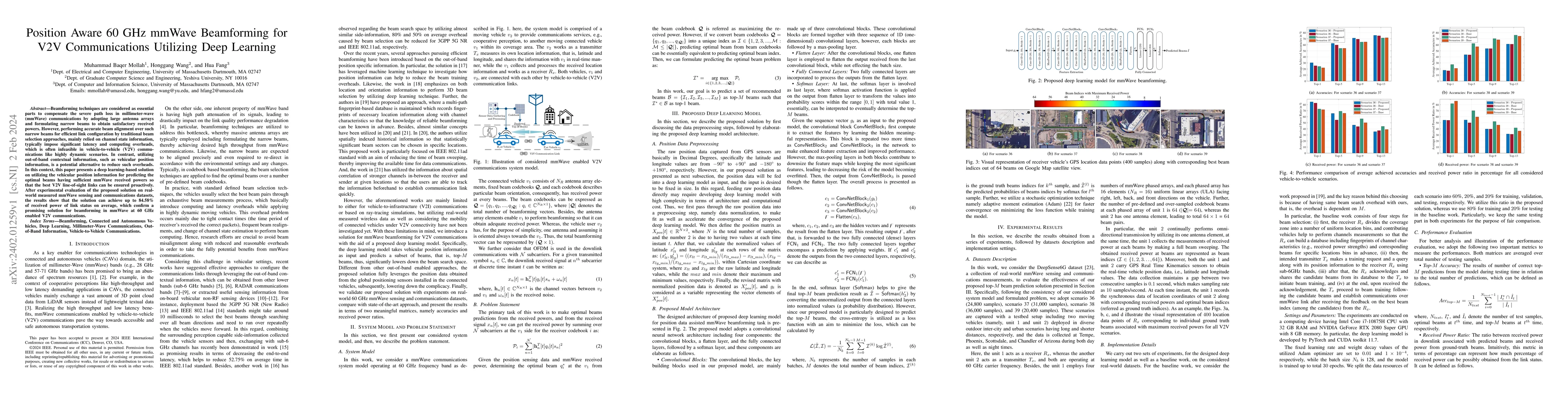 Thumbnail for Position Aware 60 GHz mmWave Beamforming for V2V Communications
  Utilizing Deep Learning