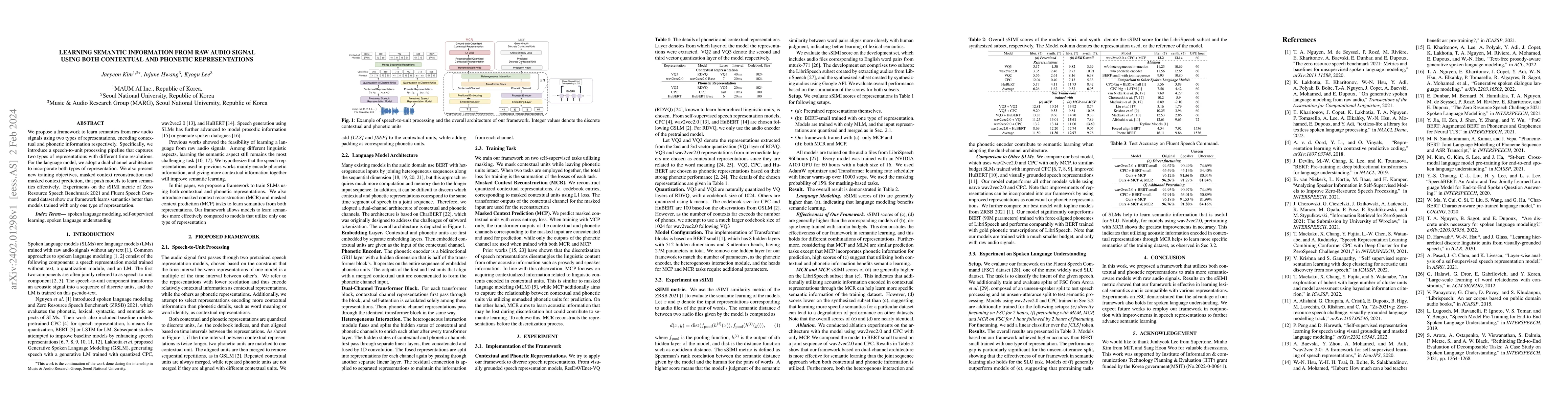 Thumbnail for Learning Semantic Information from Raw Audio Signal Using Both
  Contextual and Phonetic Representations
