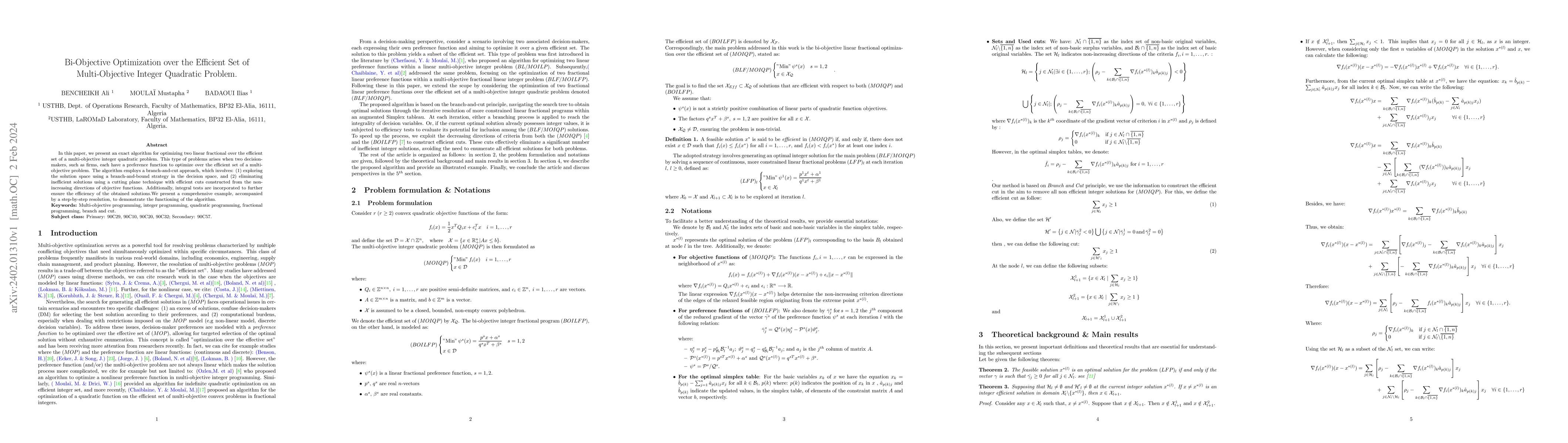 Thumbnail for Bi-Objective Optimization over the Efficient Set of Multi-Objective
  Integer Quadratic Problem