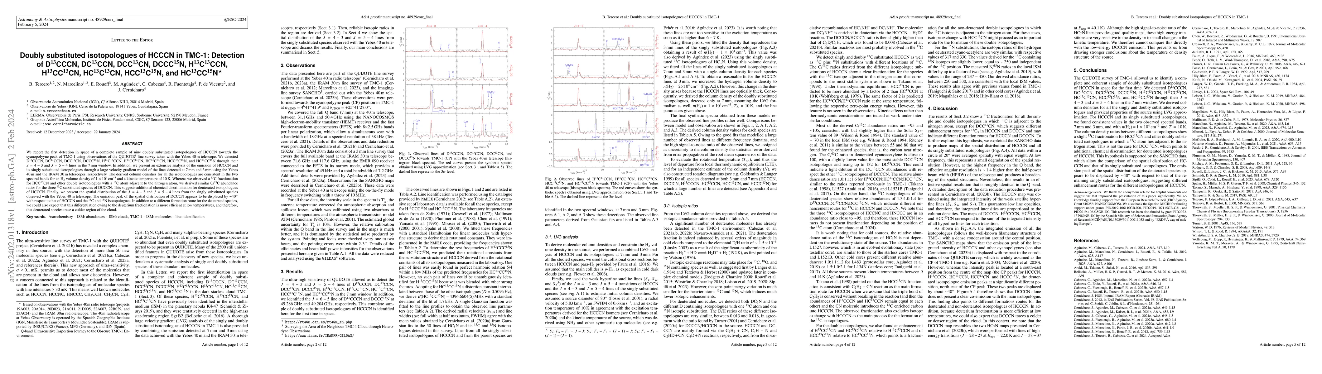 Thumbnail for Doubly substituted isotopologues of HCCCN in TMC-1: Detection of
  D13CCCN, DC13CCN, DCC13CN, DCCC15N, H13C13CCN, H13CC13CN, HC13C13CN,
  HCC13C15N, and HC13CC15N