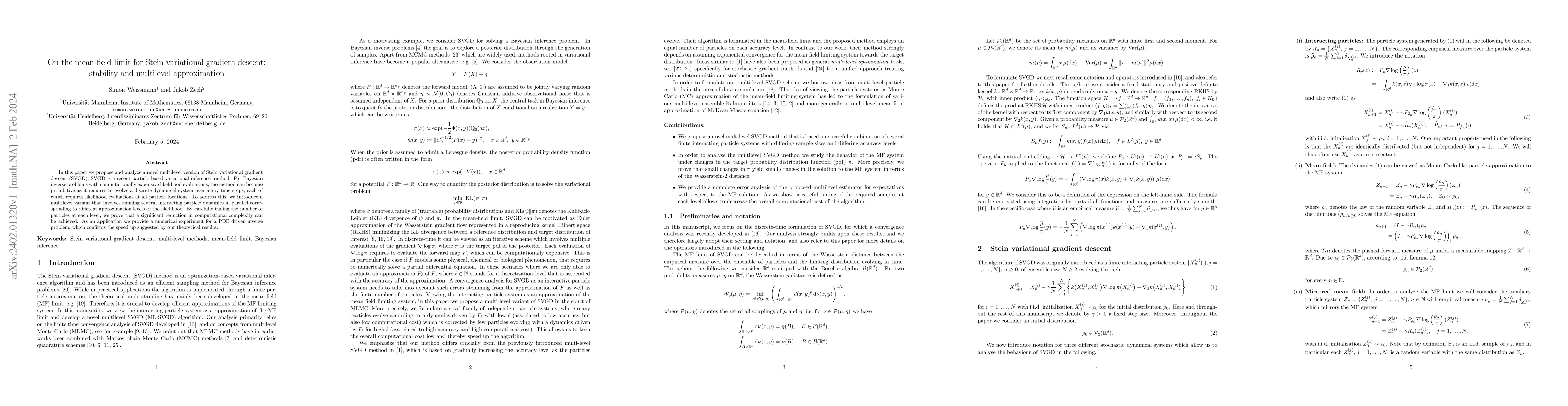 Thumbnail for On the mean-field limit for Stein variational gradient descent:
  stability and multilevel approximation