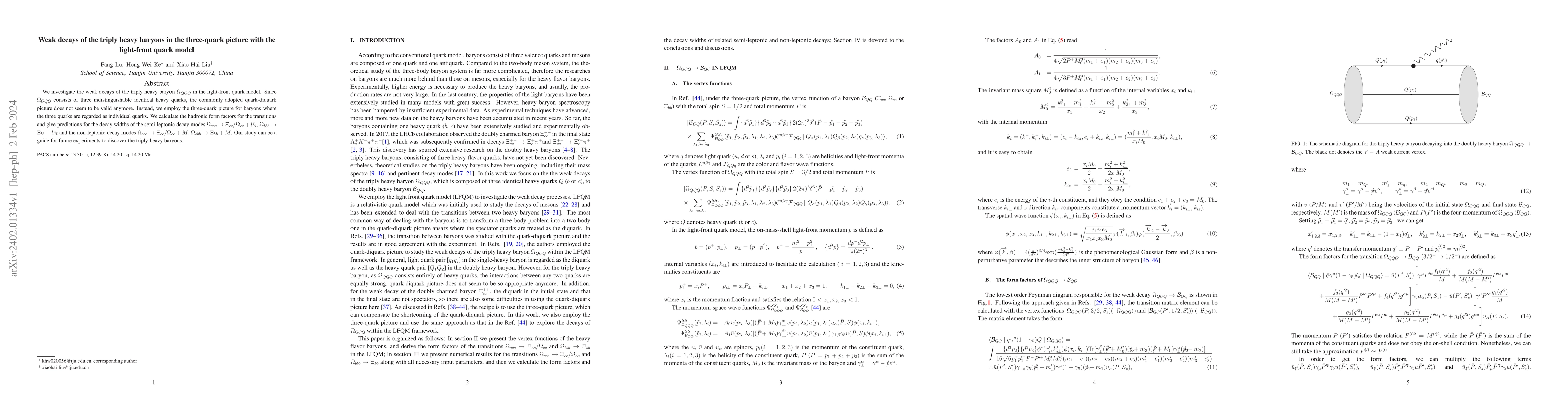 Thumbnail for Weak decays of the triply heavy baryons in the three-quark picture with
  the light-front quark model