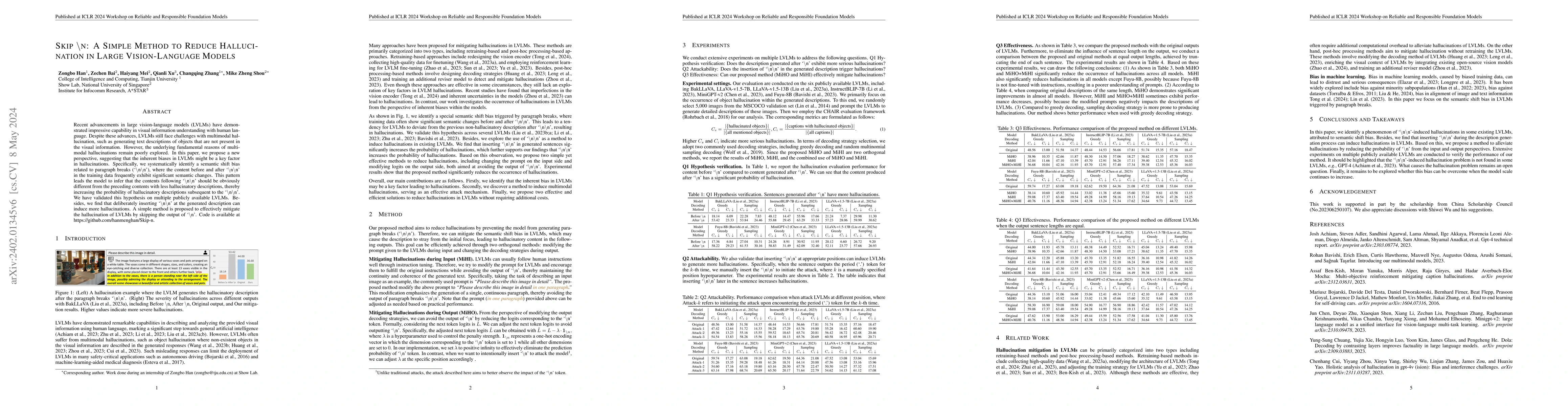 Thumbnail for Skip \n: A Simple Method to Reduce Hallucination in Large
  Vision-Language Models