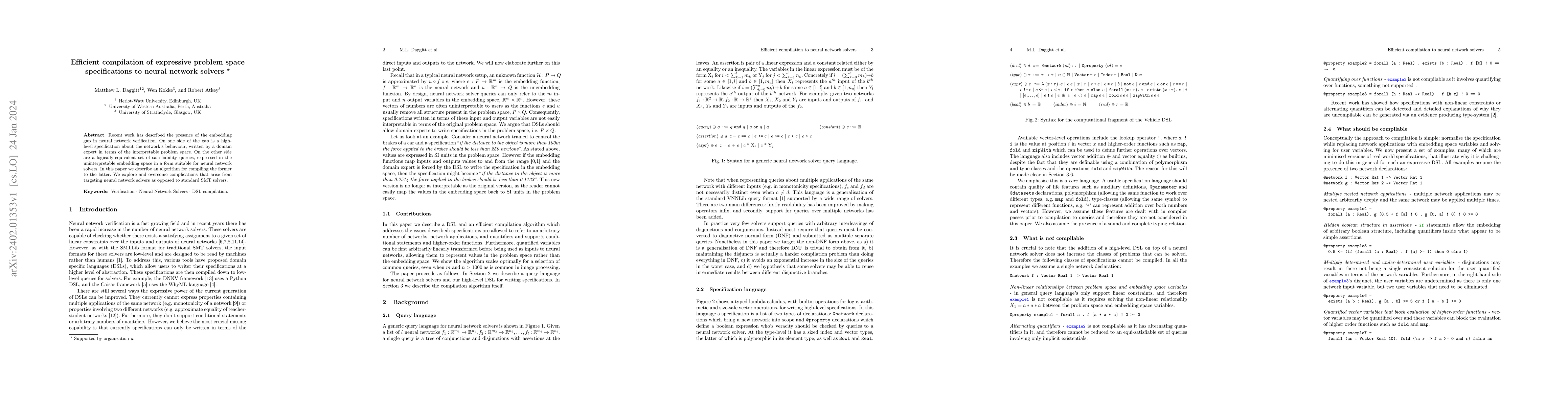 Thumbnail for Efficient compilation of expressive problem space specifications to
  neural network solvers