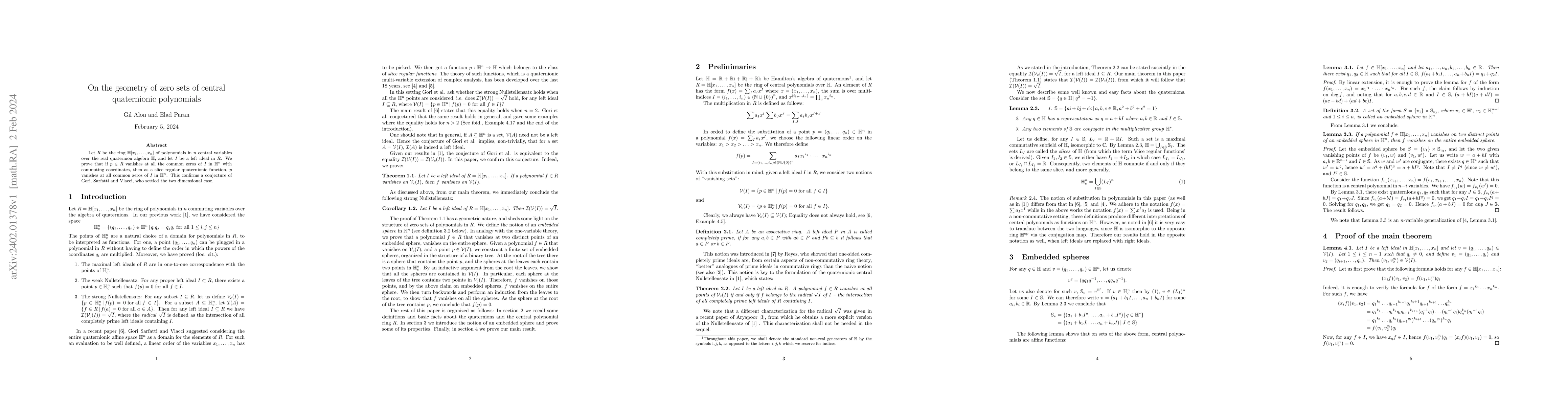 Thumbnail for On the geometry of zero sets of central quaternionic polynomials
