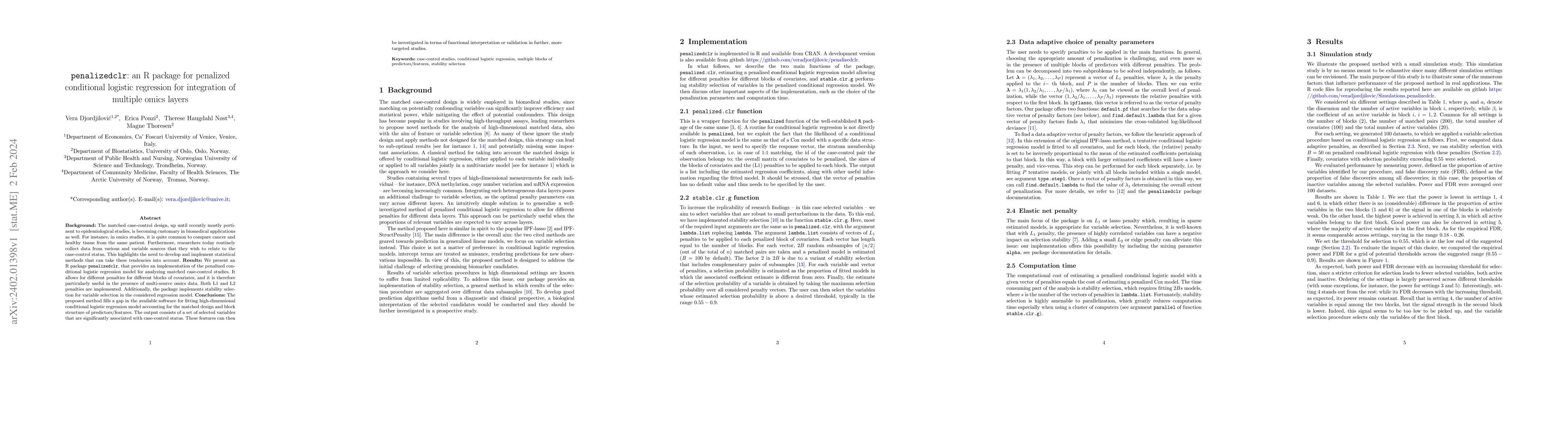 Thumbnail for penalizedclr: an R package for penalized conditional logistic regression
  for integration of multiple omics layers