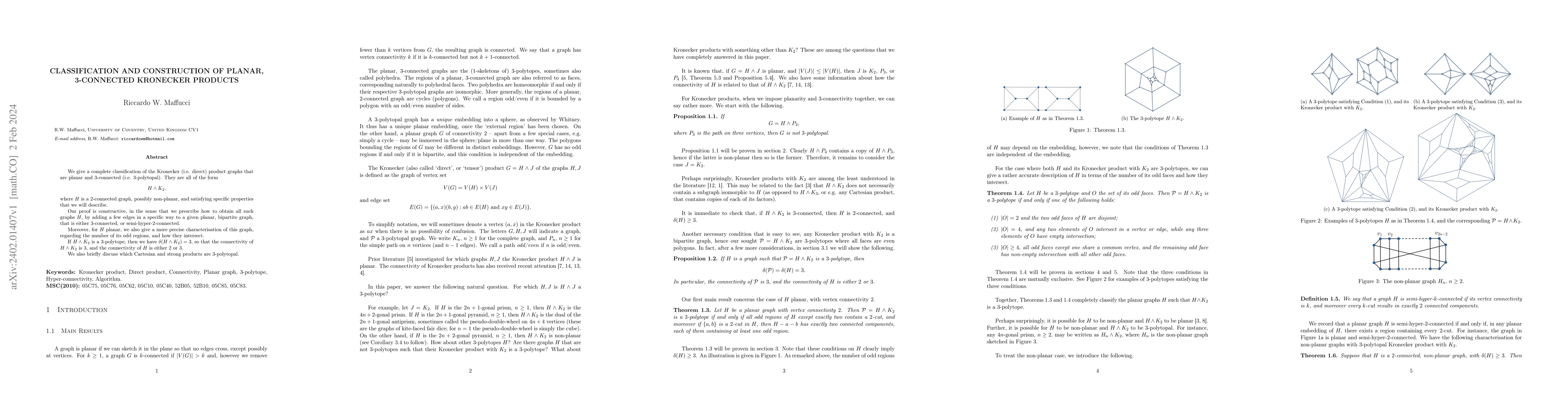 Thumbnail for Classification and Construction of Planar, 3-Connected Kronecker
  Products