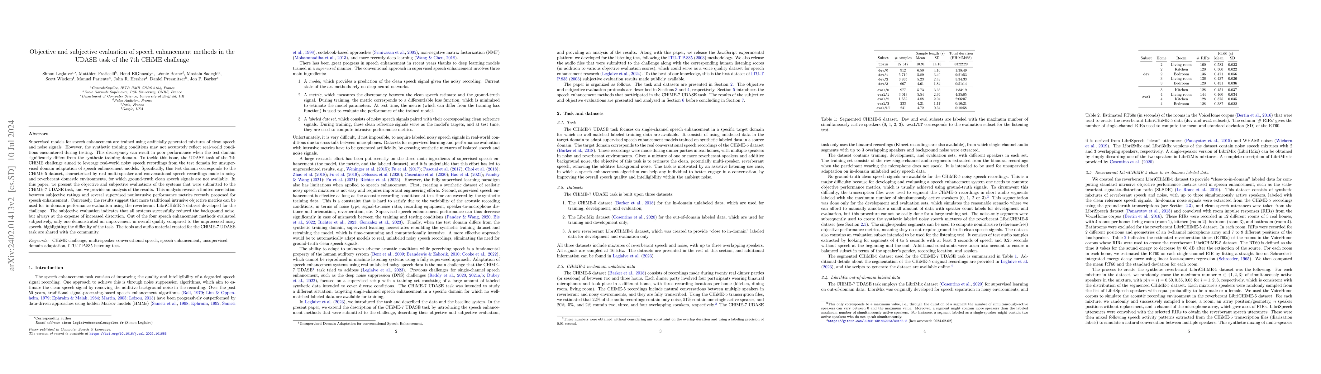 Thumbnail for Objective and subjective evaluation of speech enhancement methods in the
  UDASE task of the 7th CHiME challenge