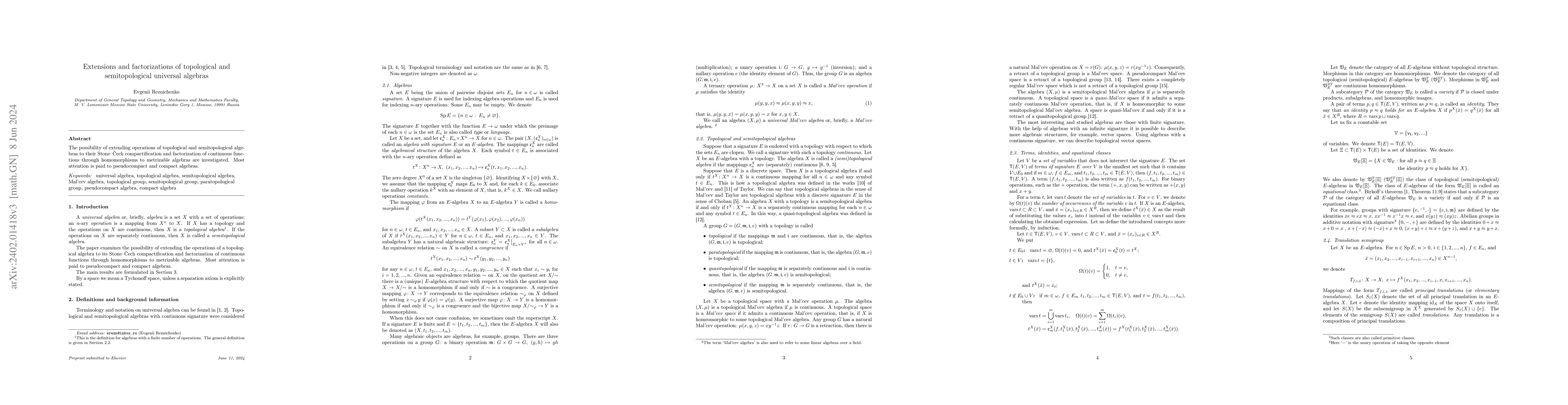 Thumbnail for Extensions and factorizations of topological and semitopological
  universal algebras