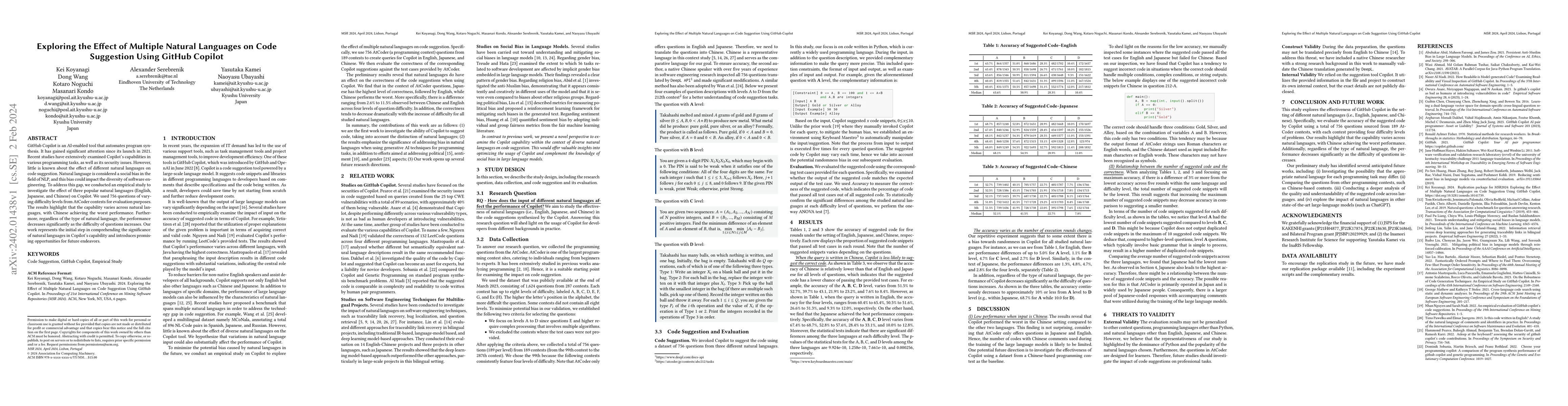 Thumbnail for Exploring the Effect of Multiple Natural Languages on Code Suggestion
  Using GitHub Copilot