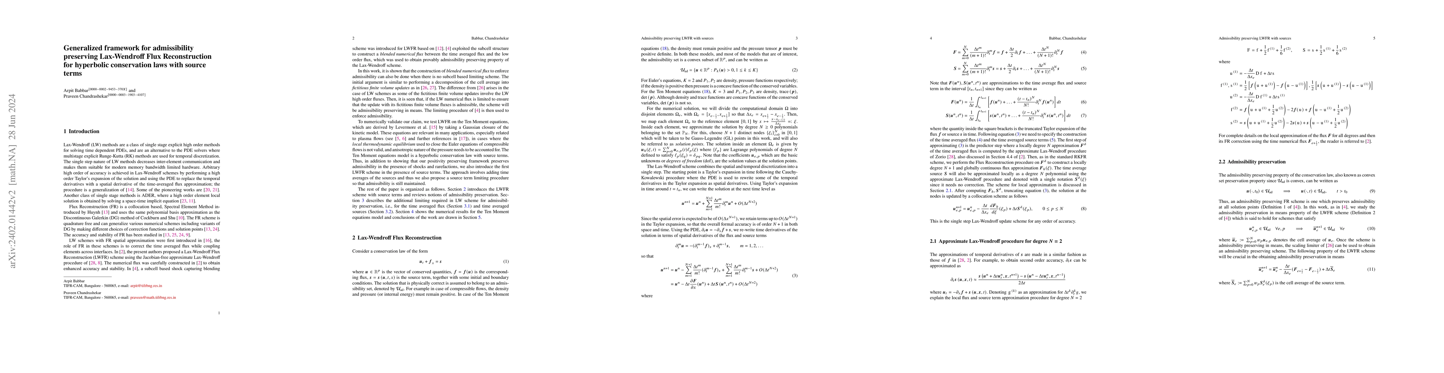 Thumbnail for Generalized framework for admissibility preserving Lax-Wendroff Flux
  Reconstruction for hyperbolic conservation laws with source terms