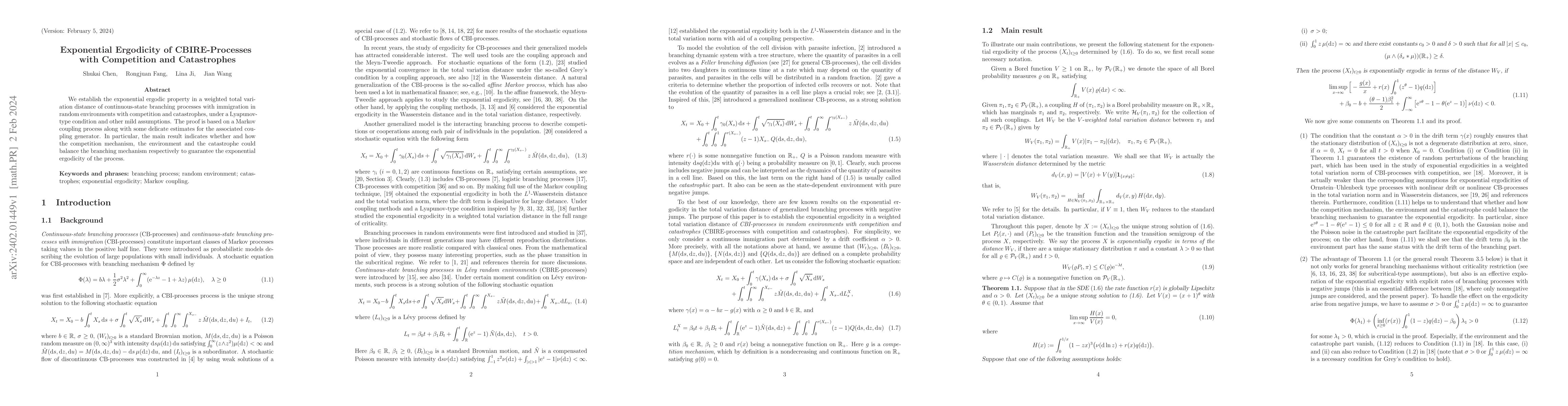 Thumbnail for Exponential Ergodicity of CBIRE-Processes with Competition and
  Catastrophes