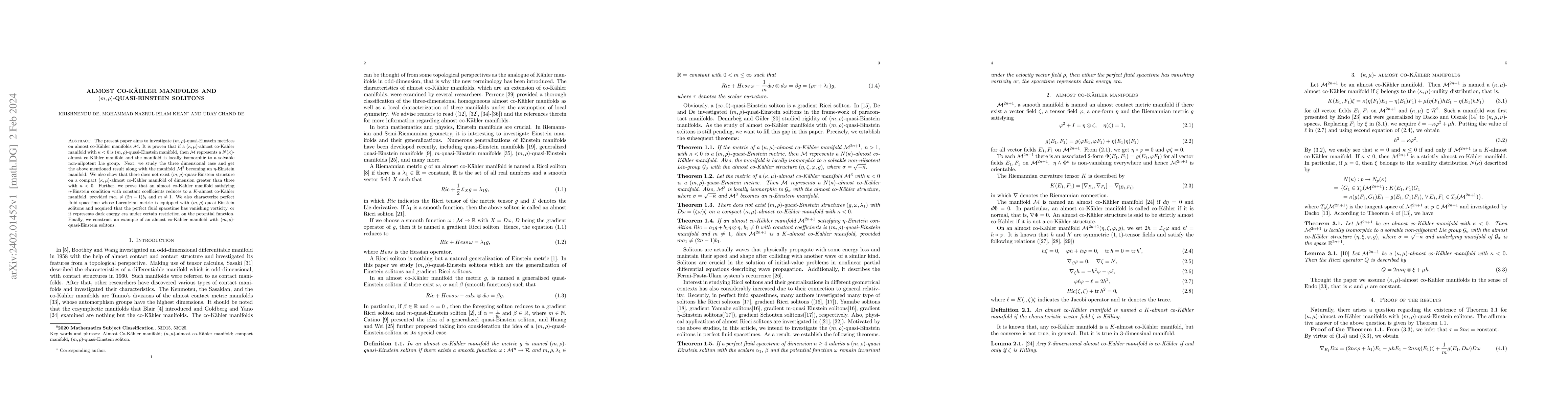 Thumbnail for Almost co-K\"ahler manifolds and $(m,\rho)$-quasi-Einstein solitons