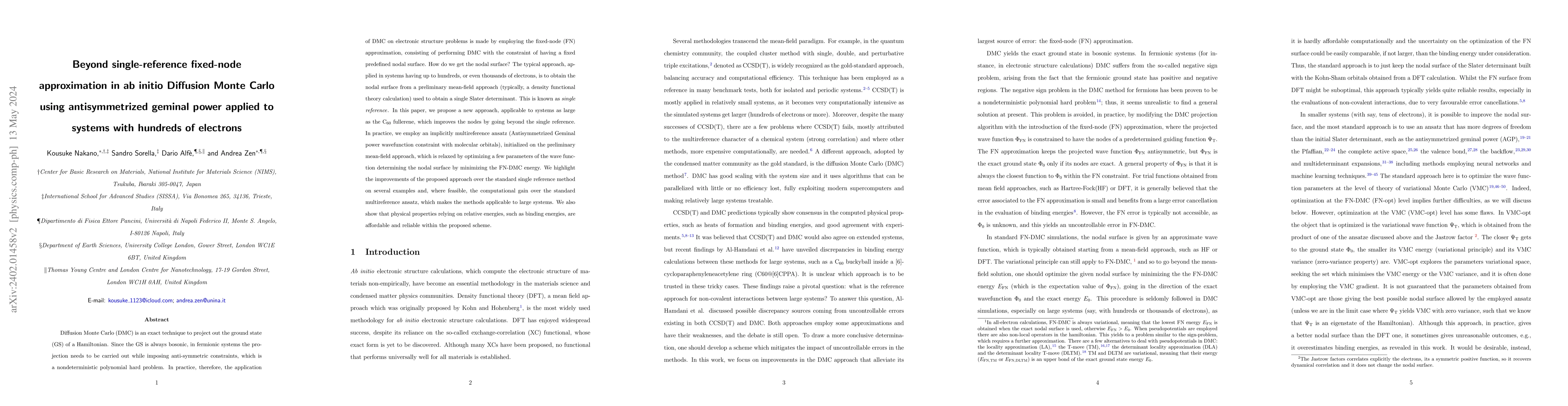 Thumbnail for Beyond single-reference fixed-node approximation in ab initio Diffusion
  Monte Carlo using antisymmetrized geminal power applied to systems with
  hundreds of electrons
