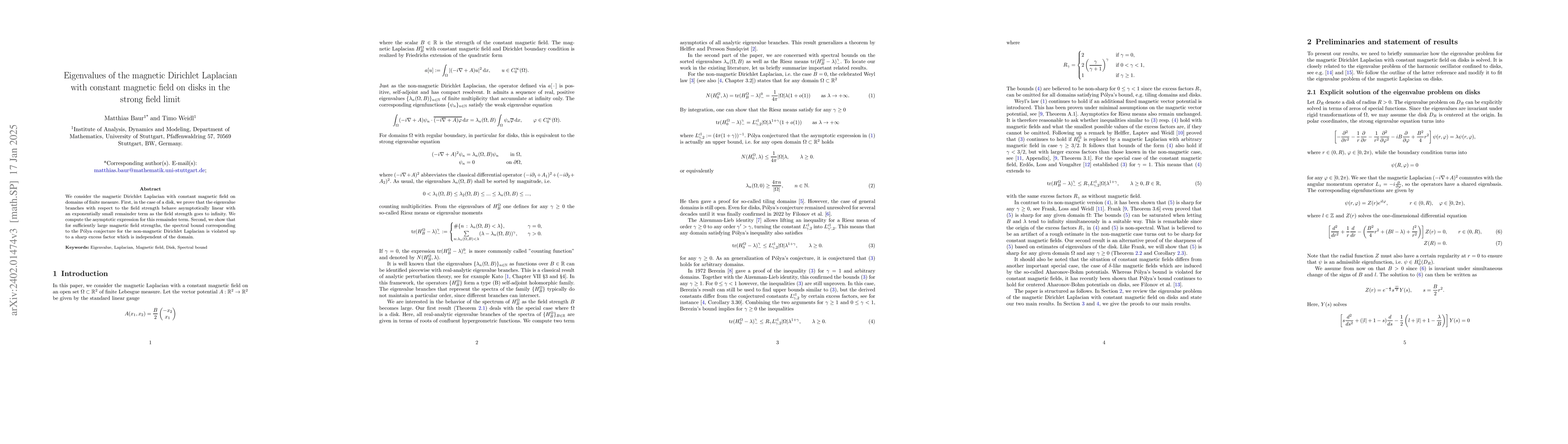 Thumbnail for Eigenvalues of the magnetic Dirichlet Laplacian with constant magnetic
  field on discs in the strong field limit