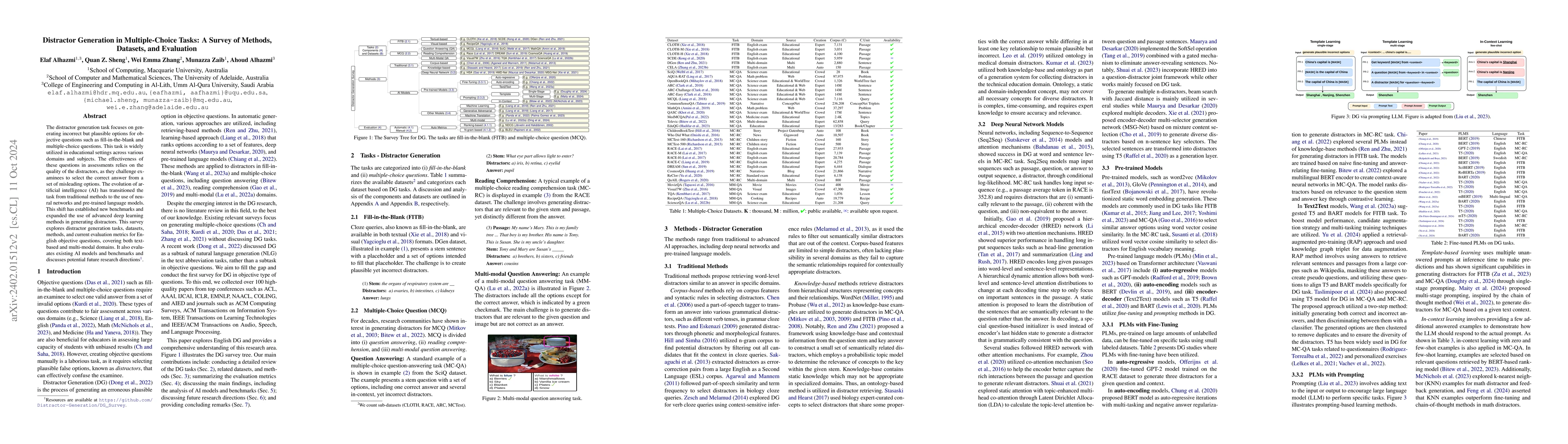 Thumbnail for Distractor Generation for Multiple-Choice Questions: A Survey of
  Methods, Datasets, and Evaluation