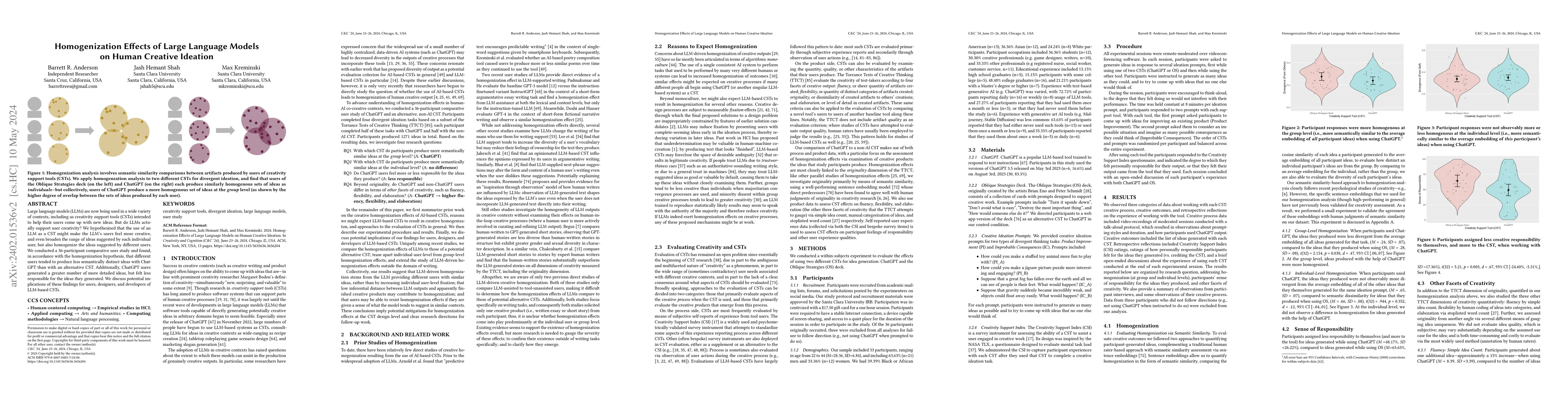 Thumbnail for Homogenization Effects of Large Language Models on Human Creative
  Ideation