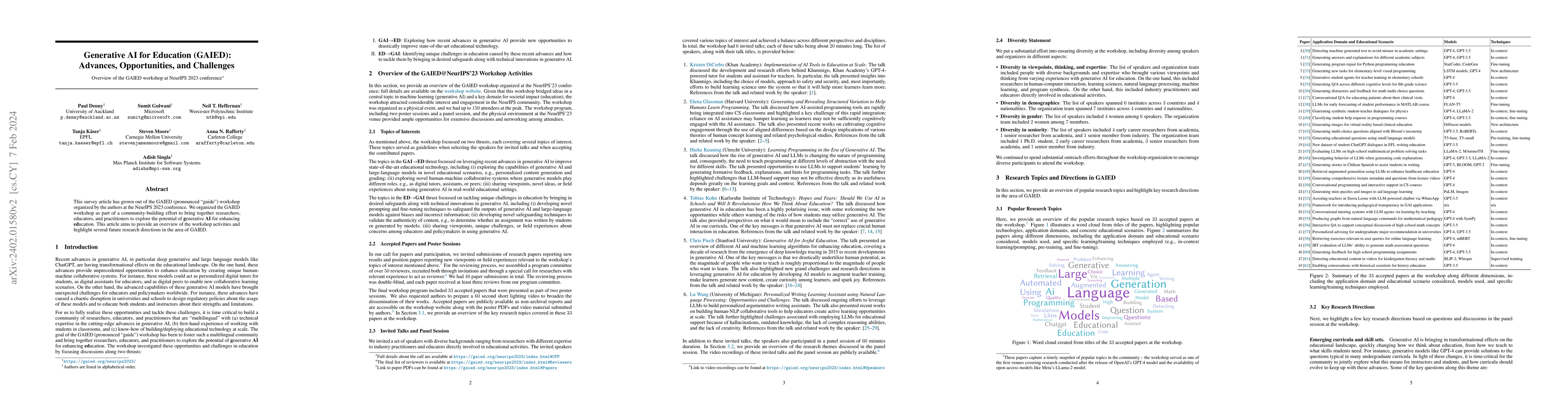 Thumbnail for Generative AI for Education (GAIED): Advances, Opportunities, and
  Challenges