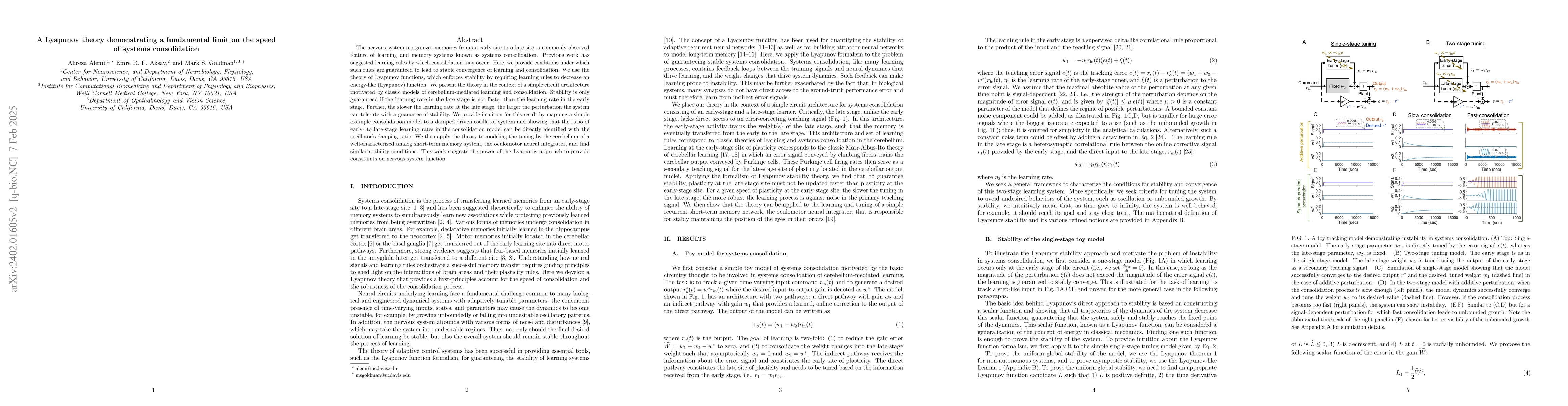 Thumbnail for A Lyapunov theory demonstrating a fundamental limit on the speed of
  systems consolidation