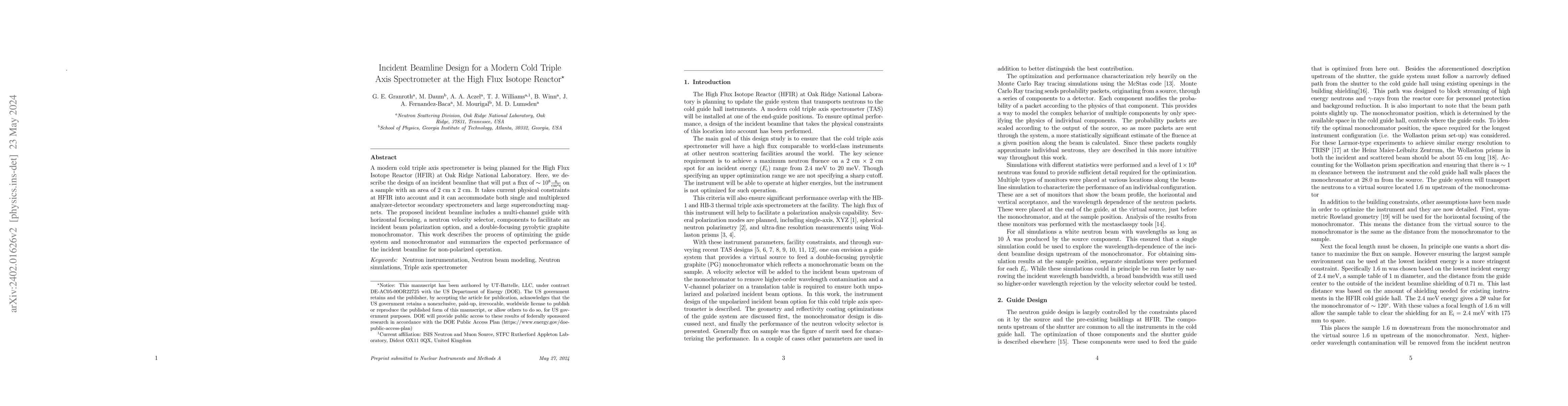 Thumbnail for Incident Beamline Design for a Modern Cold Triple Axis Spectrometer at
  the High Flux Isotope Reactor