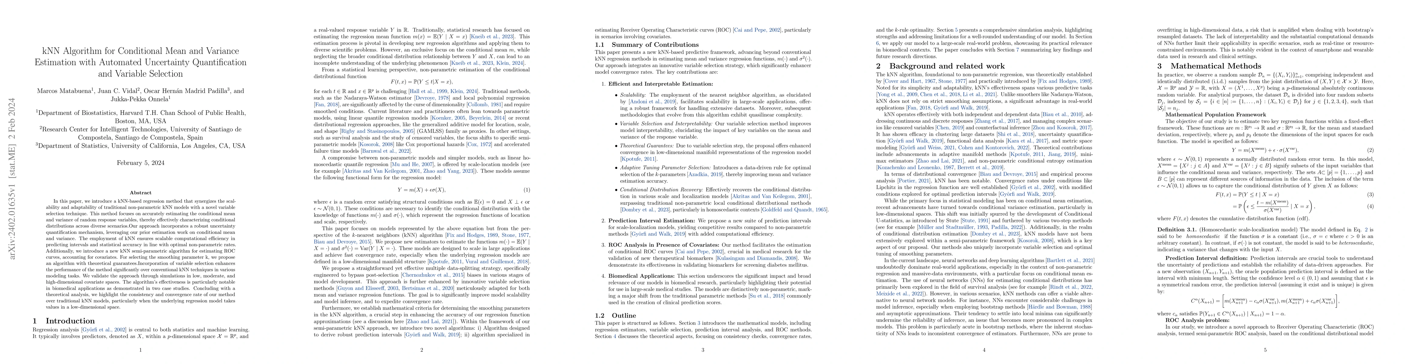 Thumbnail for kNN Algorithm for Conditional Mean and Variance Estimation with
  Automated Uncertainty Quantification and Variable Selection
