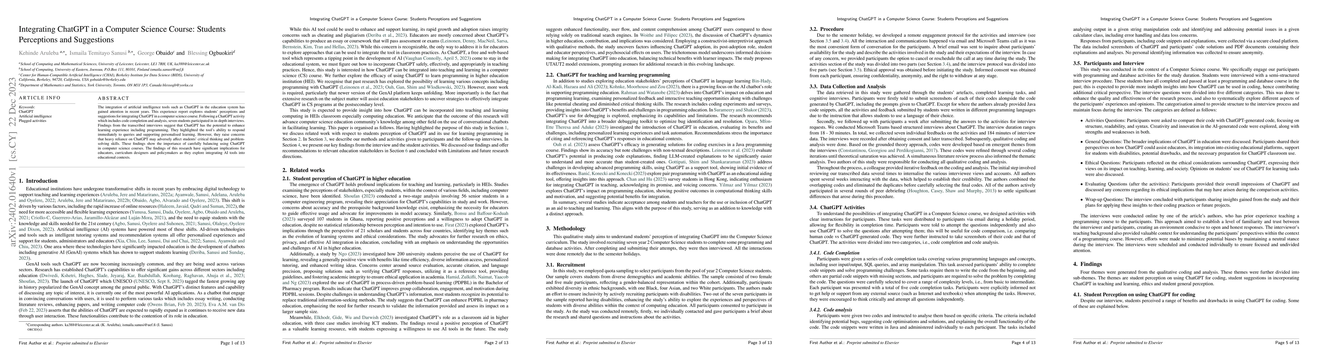 Thumbnail for Integrating ChatGPT in a Computer Science Course: Students Perceptions
  and Suggestions