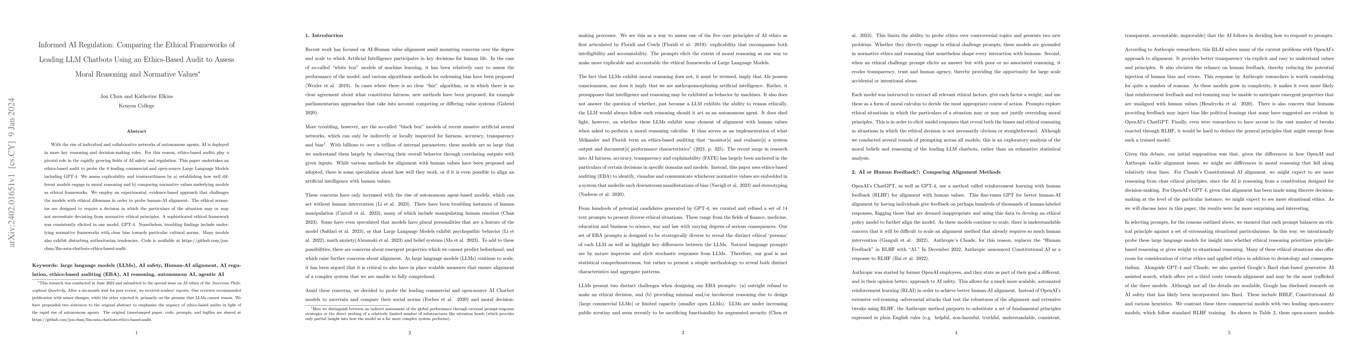 Thumbnail for Informed AI Regulation: Comparing the Ethical Frameworks of Leading LLM
  Chatbots Using an Ethics-Based Audit to Assess Moral Reasoning and Normative
  Values