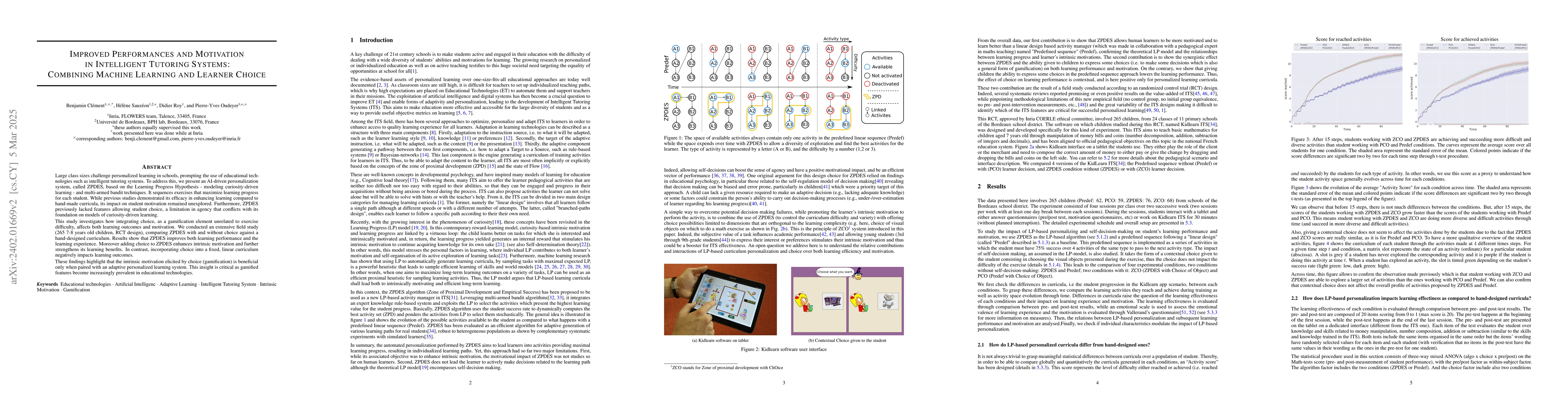 Thumbnail for Improved Performances and Motivation in Intelligent Tutoring Systems:
  Combining Machine Learning and Learner Choice