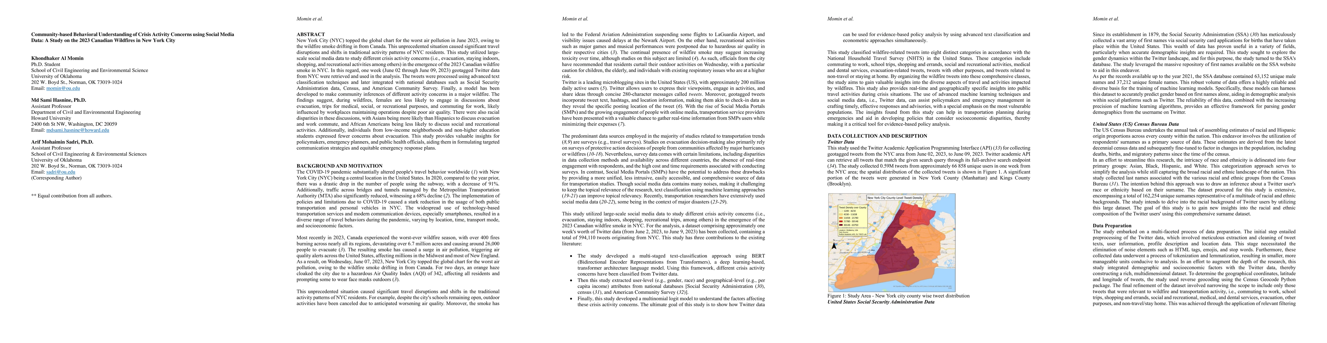 Thumbnail for Community-based Behavioral Understanding of Crisis Activity Concerns
  using Social Media Data: A Study on the 2023 Canadian Wildfires in New York
  City