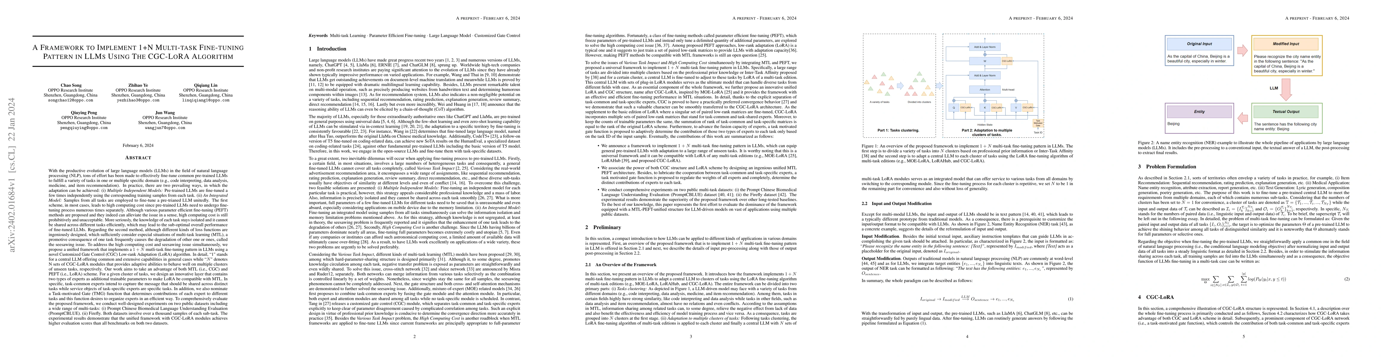 Thumbnail for A Framework to Implement 1+N Multi-task Fine-tuning Pattern in LLMs
  Using the CGC-LORA Algorithm