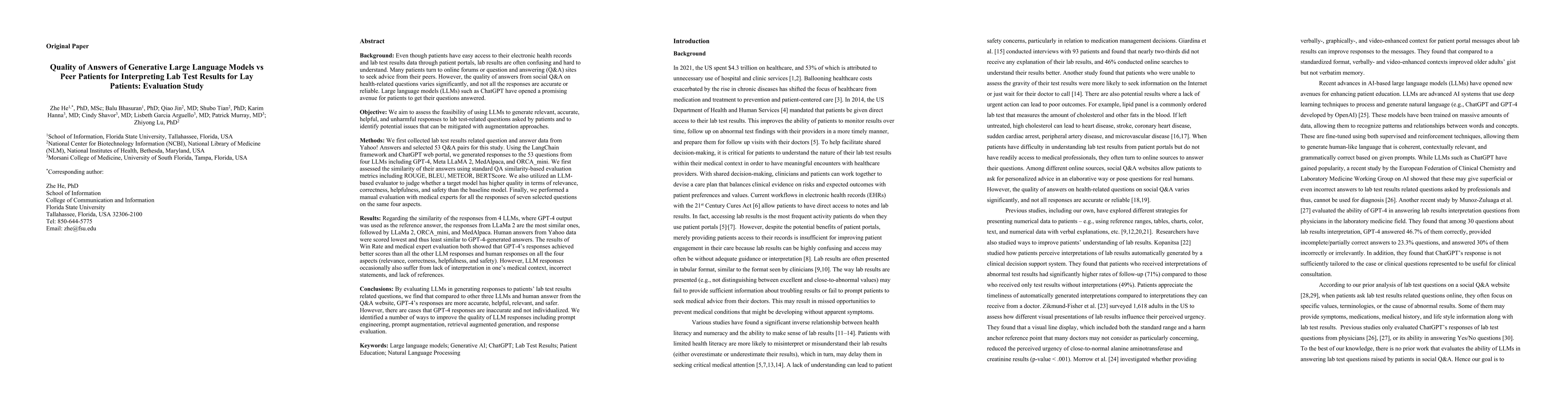 Thumbnail for Quality of Answers of Generative Large Language Models vs Peer Patients
  for Interpreting Lab Test Results for Lay Patients: Evaluation Study