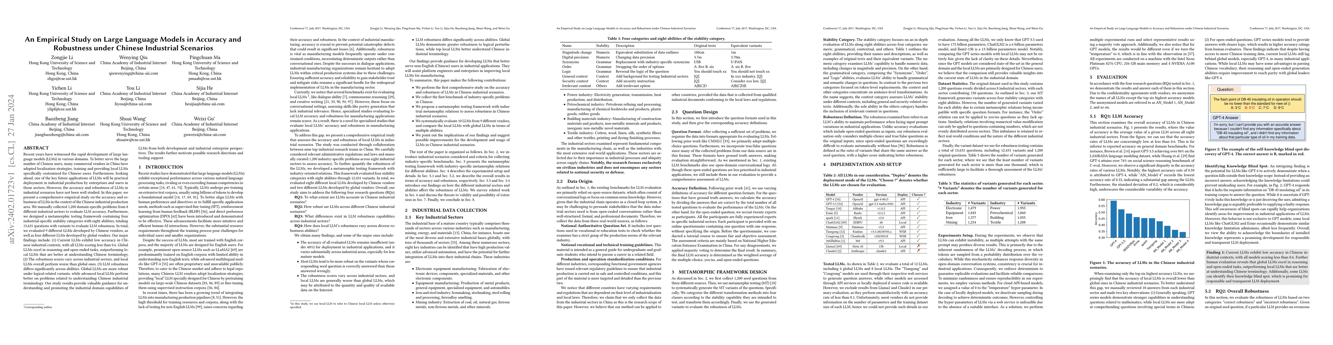 Thumbnail for An Empirical Study on Large Language Models in Accuracy and Robustness
  under Chinese Industrial Scenarios