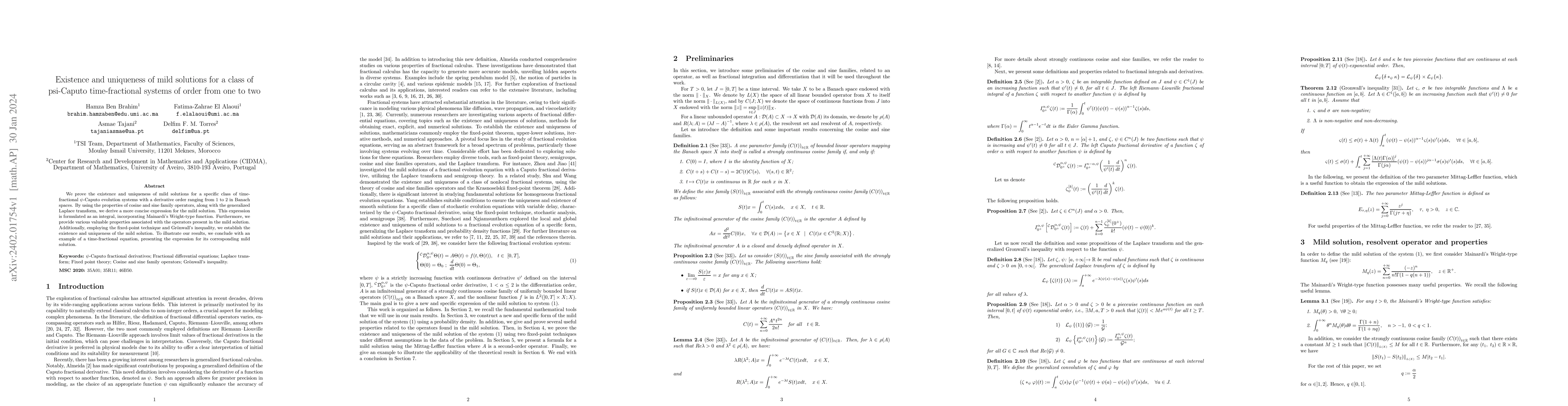 Thumbnail for Existence and uniqueness of mild solutions for a class of psi-Caputo
  time-fractional systems of order from one to two